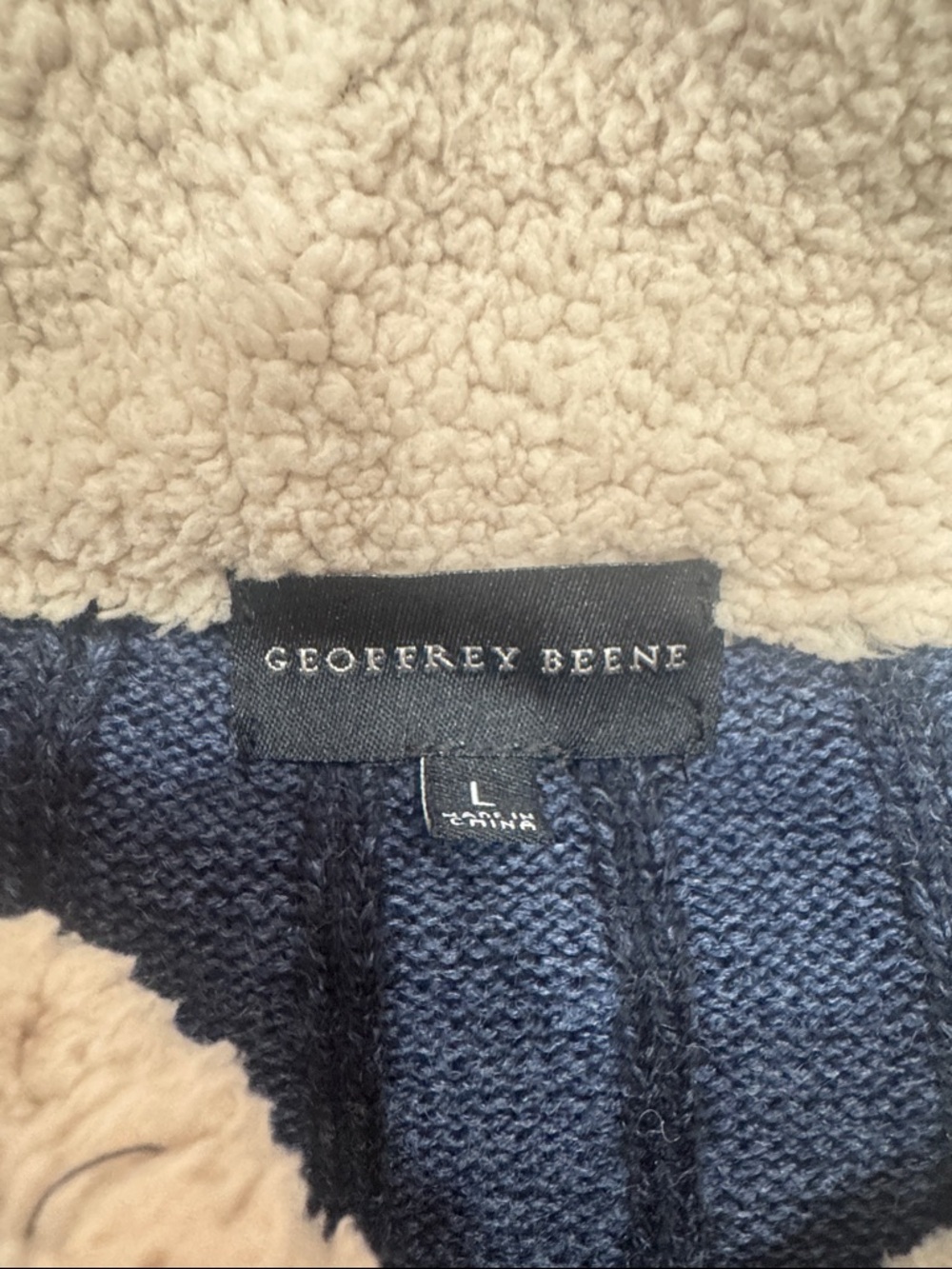 Geoffrey Beene Men's Navy Ribbed Full-Zip Sweater with Cream Sherpa Collar - Picture 2 of 6